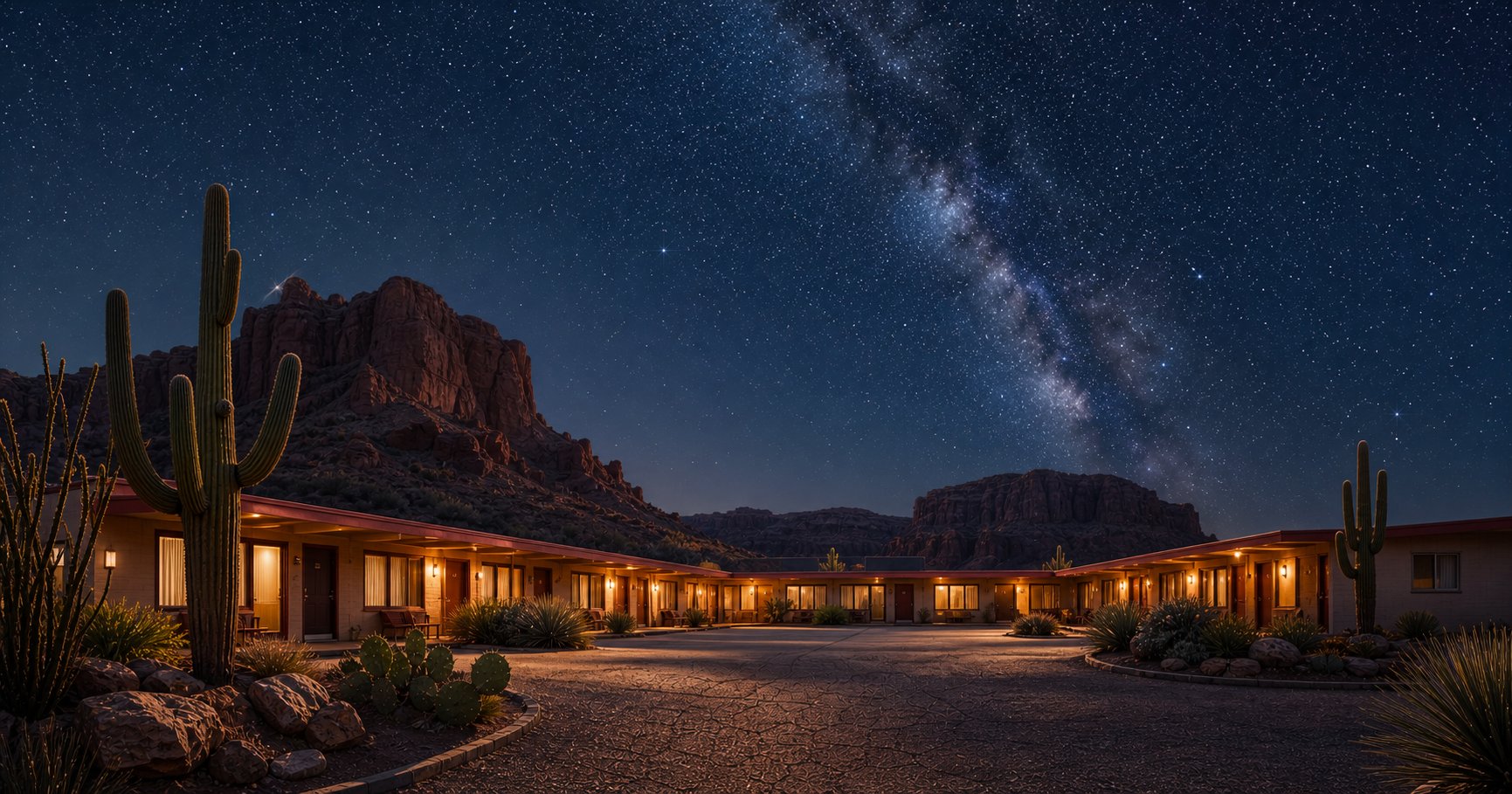 Desert motel beneath a vivid night sky